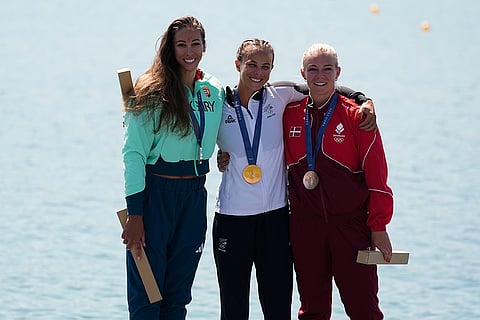 Paris Olympics women's kayak single 500-meter: Silver medalist, from left, Tamara Csipes, of Hungary, gold medalist Lisa Carrington, of New Zealand, and bronze medalist Emma Aastrand Jorgensen, of Denmark
